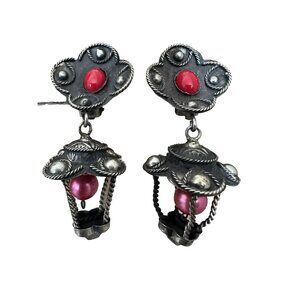 antique sterling silver Navajo Dangling Earrings Red Stone Faux Pearl B11